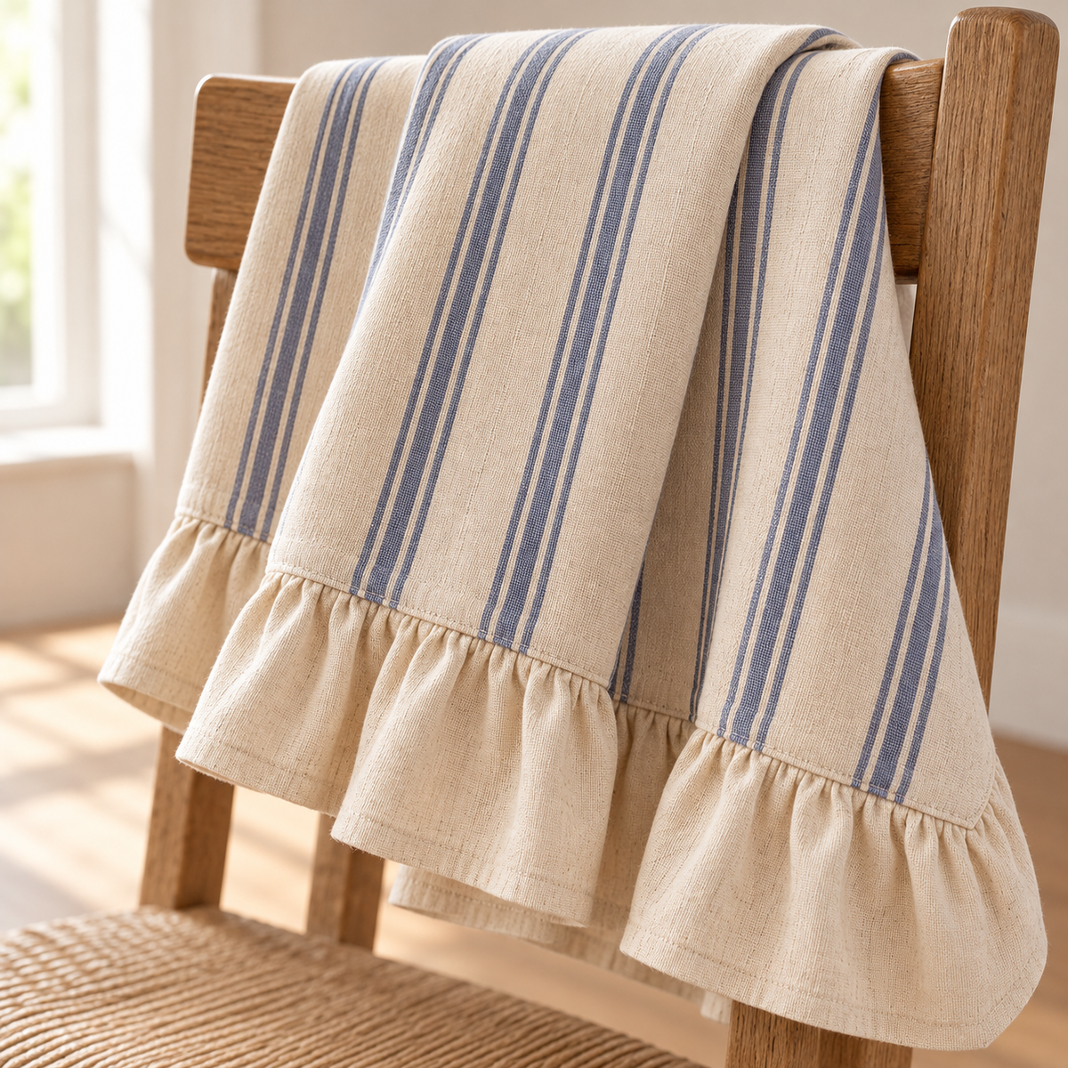 Striped tablecloth folded over a chair showing soft layers and cream ruffle