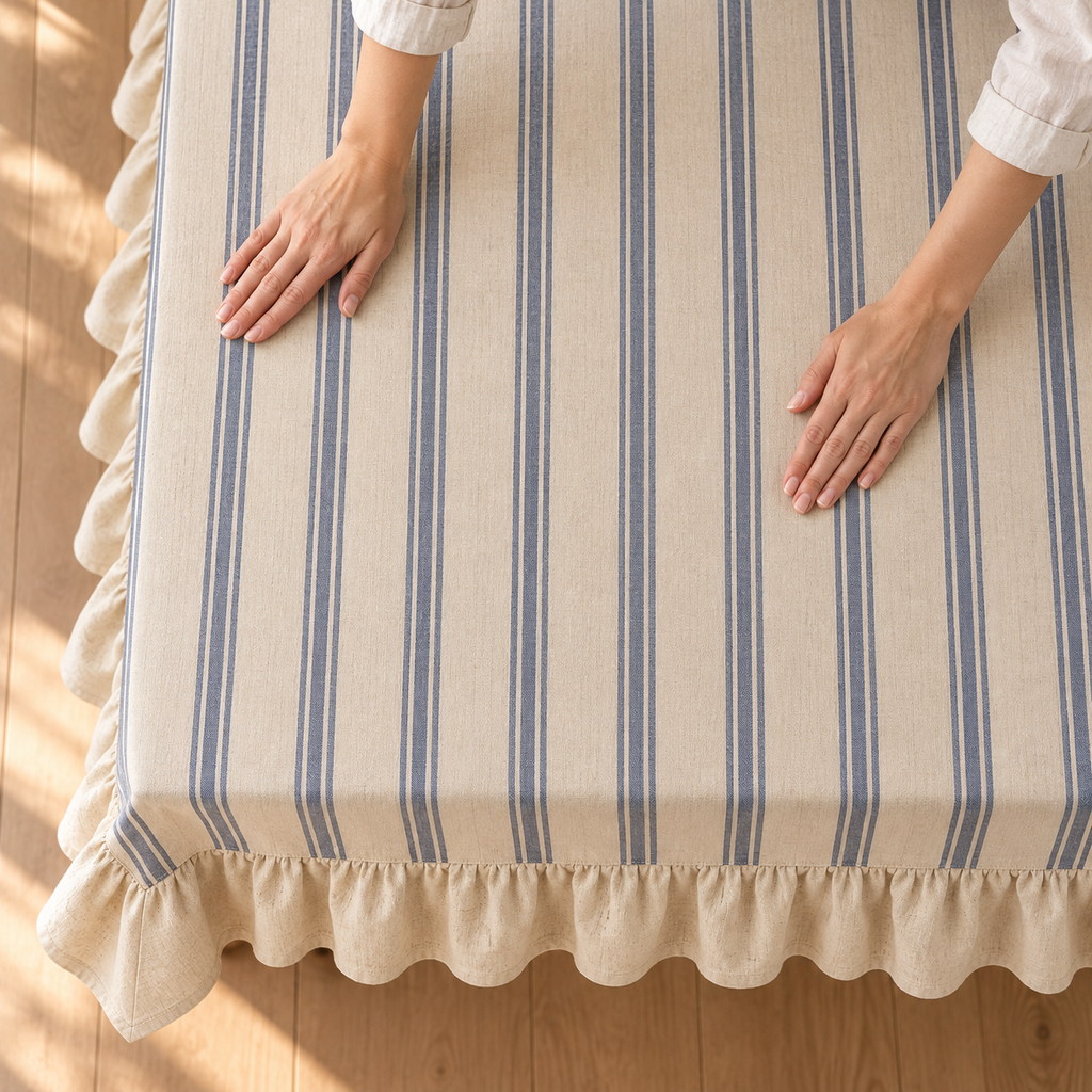 Hands smoothing the striped tablecloth to show stripe alignment