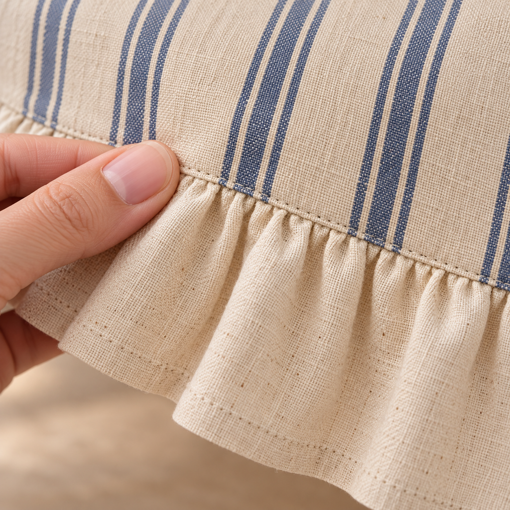 Close-up of the cream ruffle seam, gathers and striped woven fabric