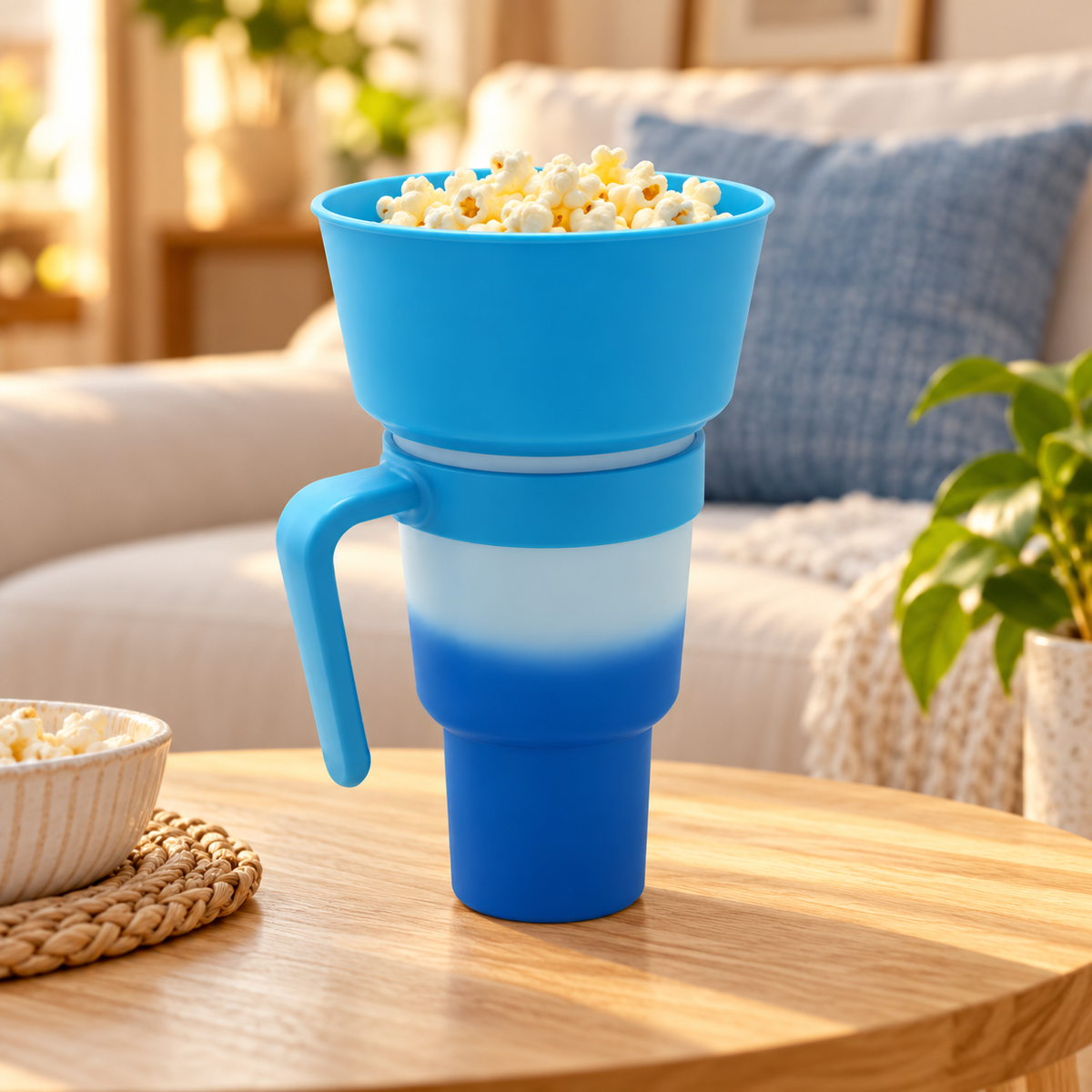 One Blue Cold Water Color snack and drink cup with popcorn in a living-room setting. Popcorn, serving bowl and furnishings are styling props, not included.
