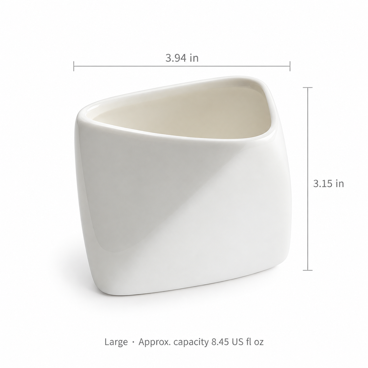 Folded edge porcelain snack bowl large size and approximate capacity in inches and US fl oz.