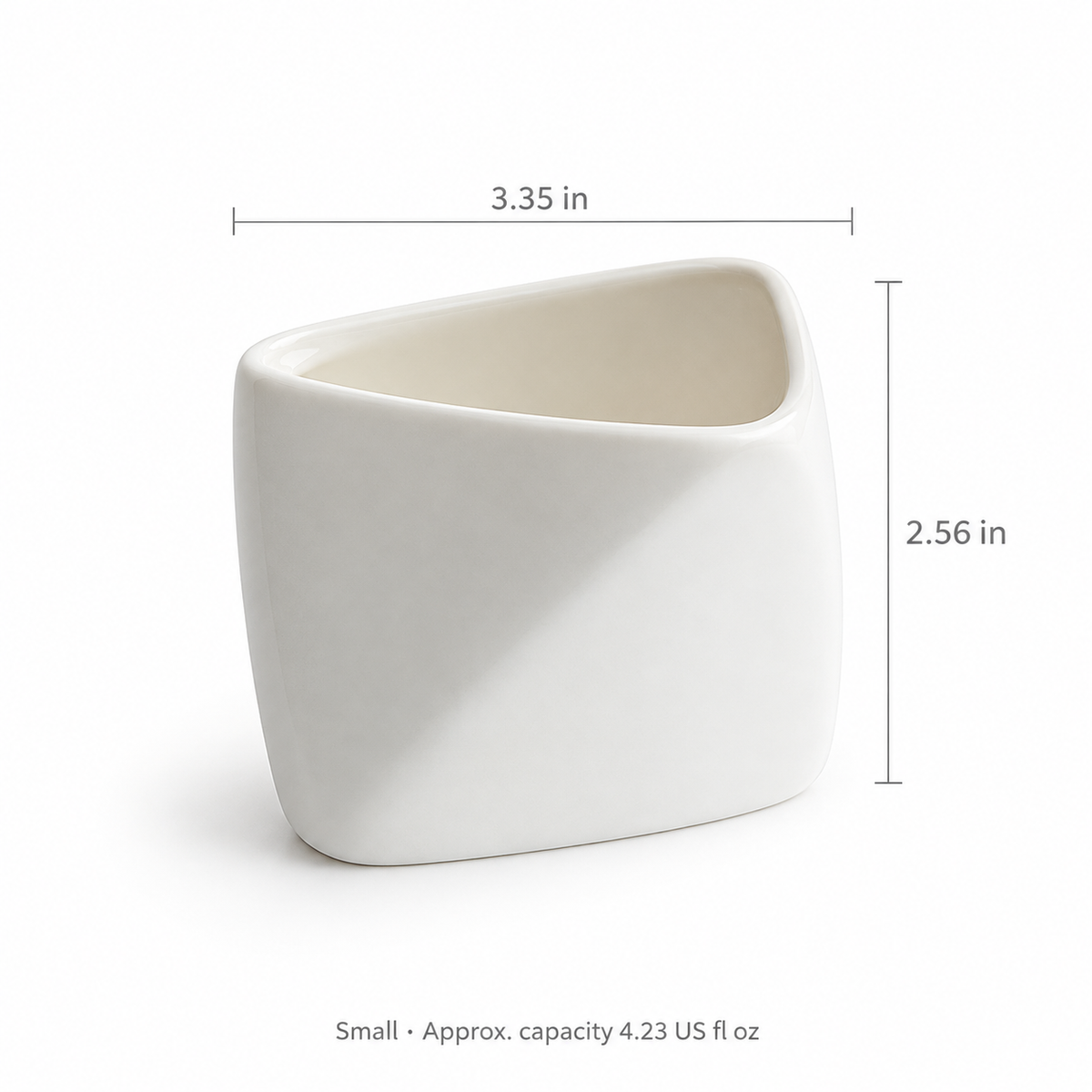 Folded edge porcelain snack bowl small size and approximate capacity in inches and US fl oz.