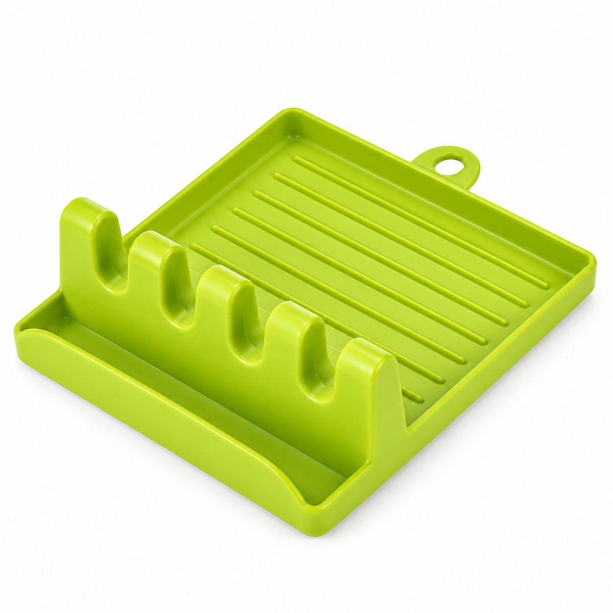 Green four-slot spoon rest on white background