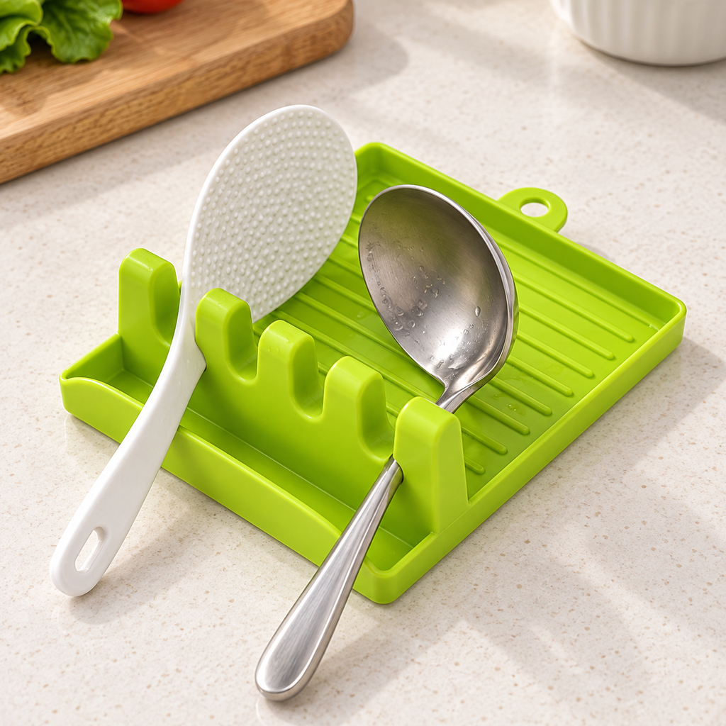 Green spoon rest holding a rice paddle and spoon