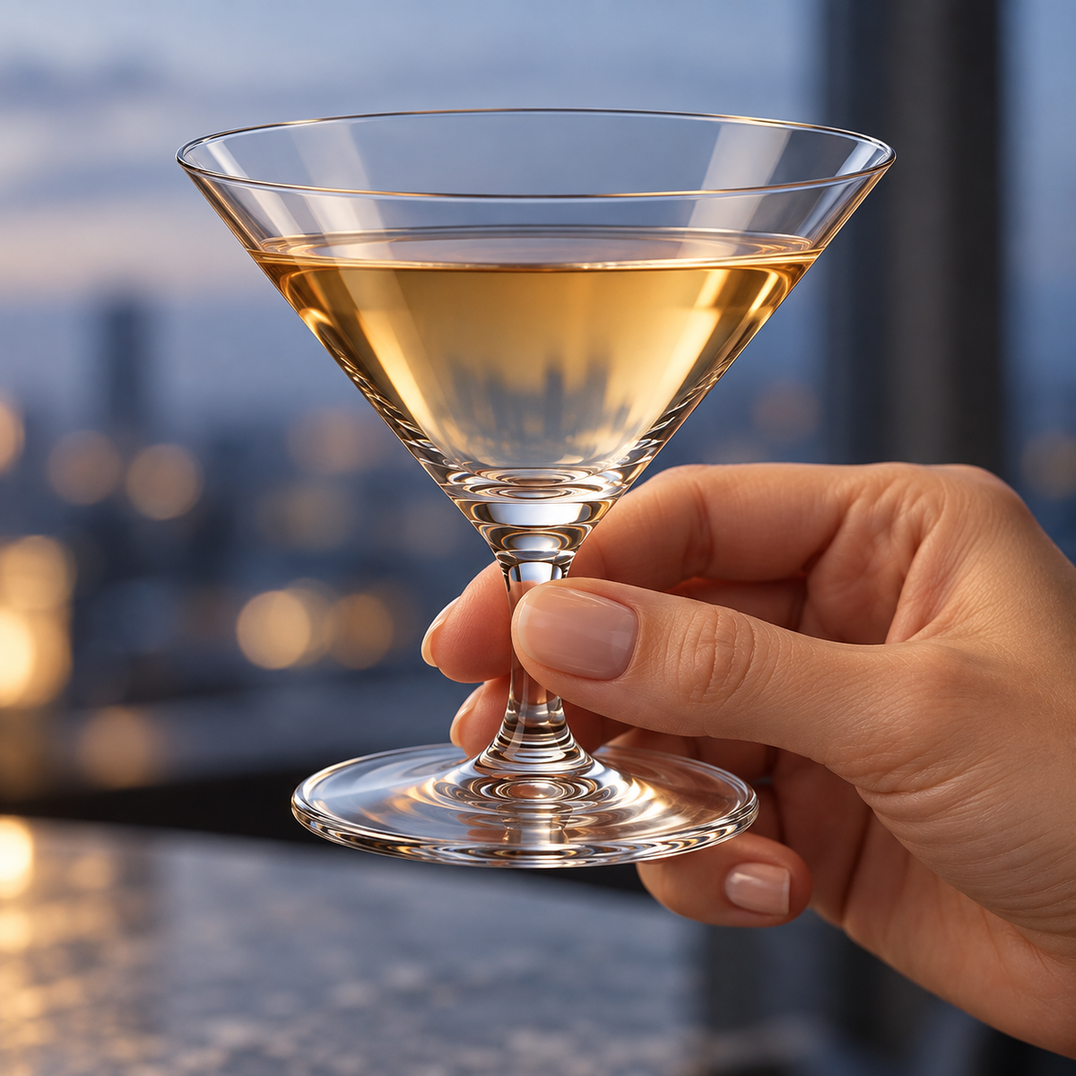 Adult hand holding the 150 ml short-stem crystal martini glass to show scale; drink is a styling prop.
