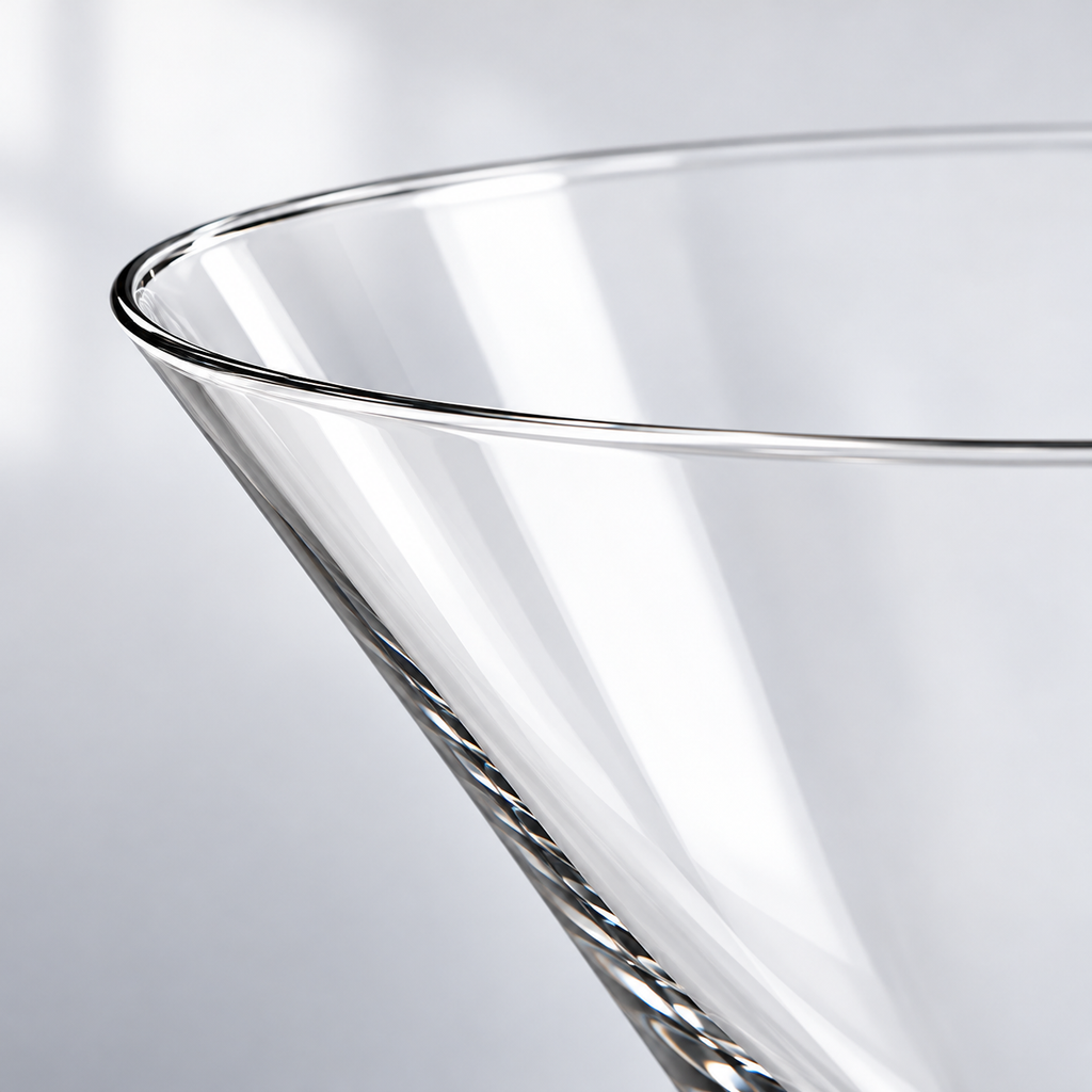Stelo clear short-stem martini glass, thin drinking rim and conical bowl wall closeup