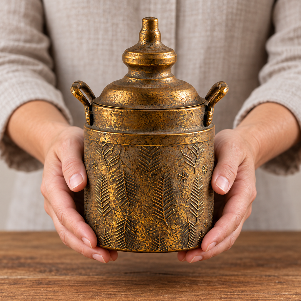 Hands holding the small antique bronze iron urn with its matching lid closed