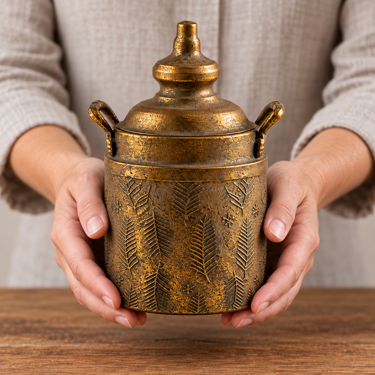 Hands holding the small antique bronze iron urn with its matching lid closed