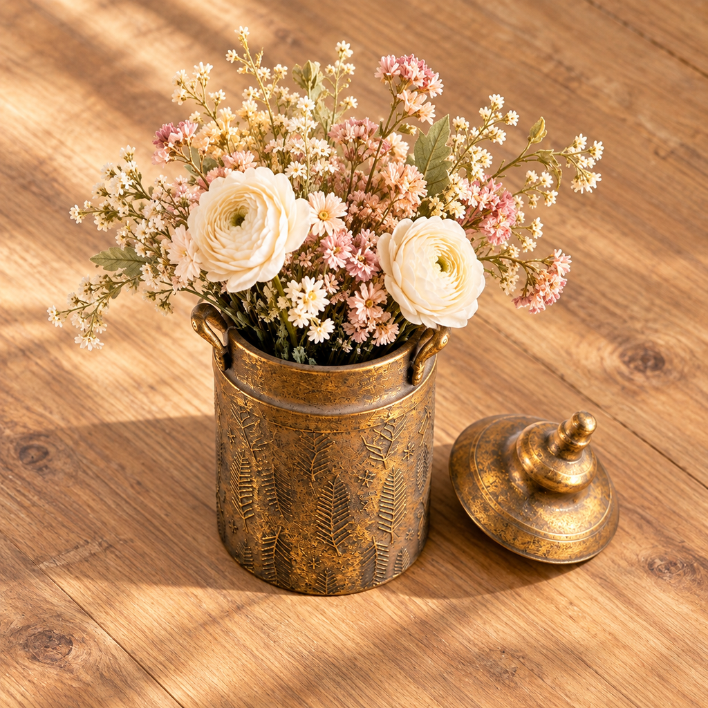 High-angle view of the small antique iron urn opening with flowers and matching lid beside it; styling flowers not included