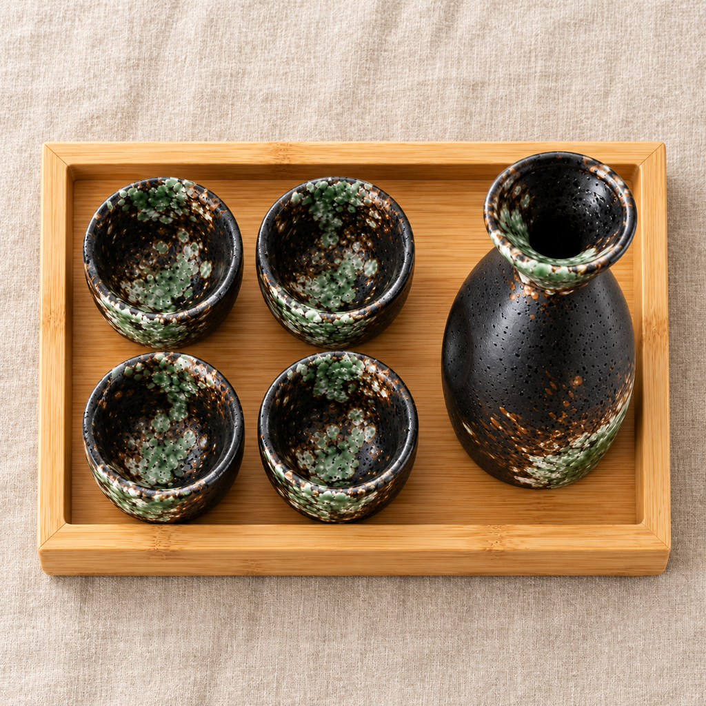 Overhead view of the complete spring green ceramic sake set with one bottle and four cups on bamboo tray