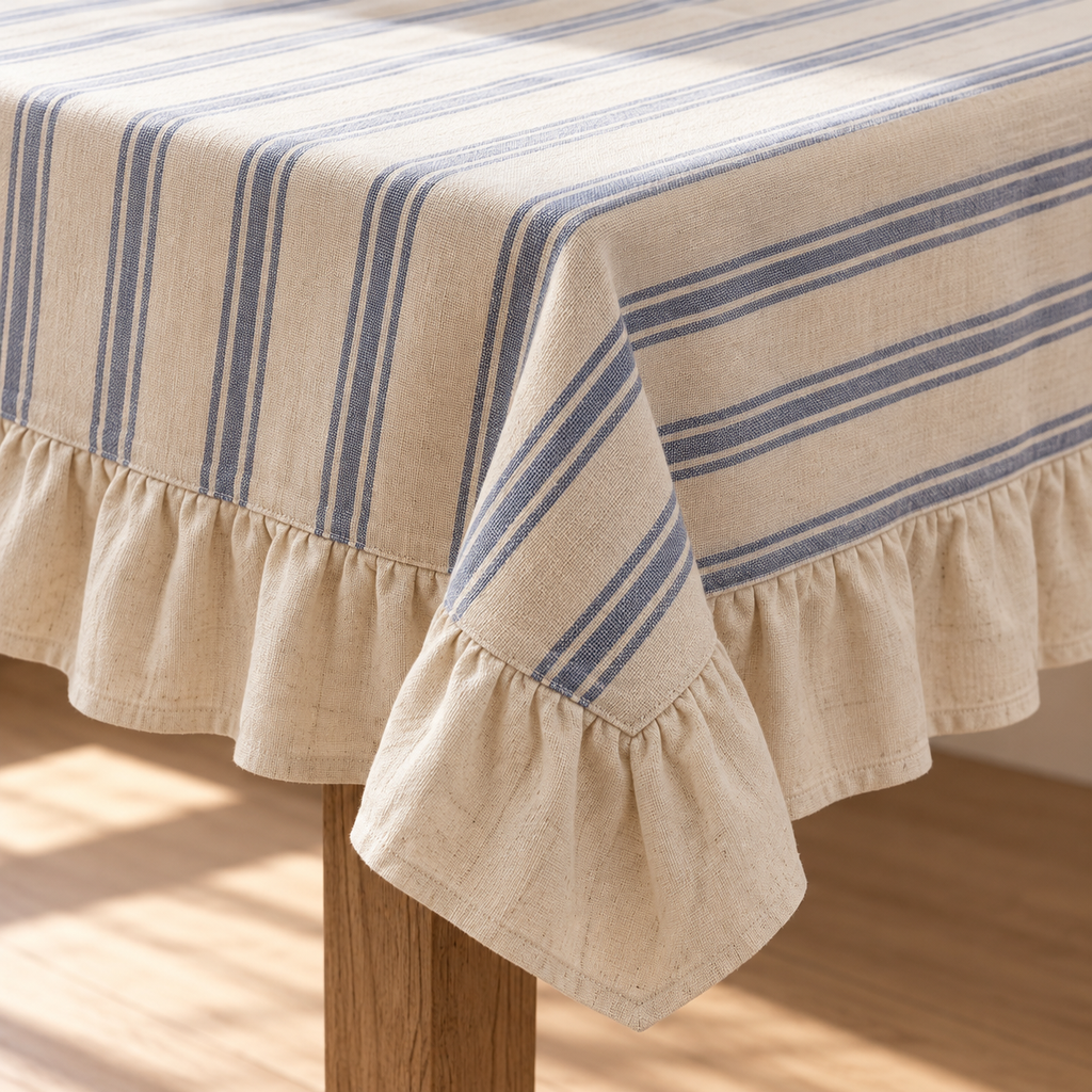 Grouped blue stripe fabric and gathered cream ruffle detail