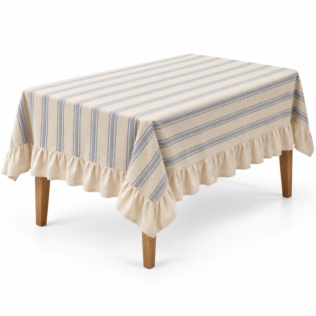 Oatmeal tablecloth with grouped blue stripes and cream ruffle