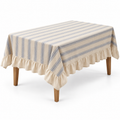 Oatmeal tablecloth with grouped blue stripes and cream ruffle