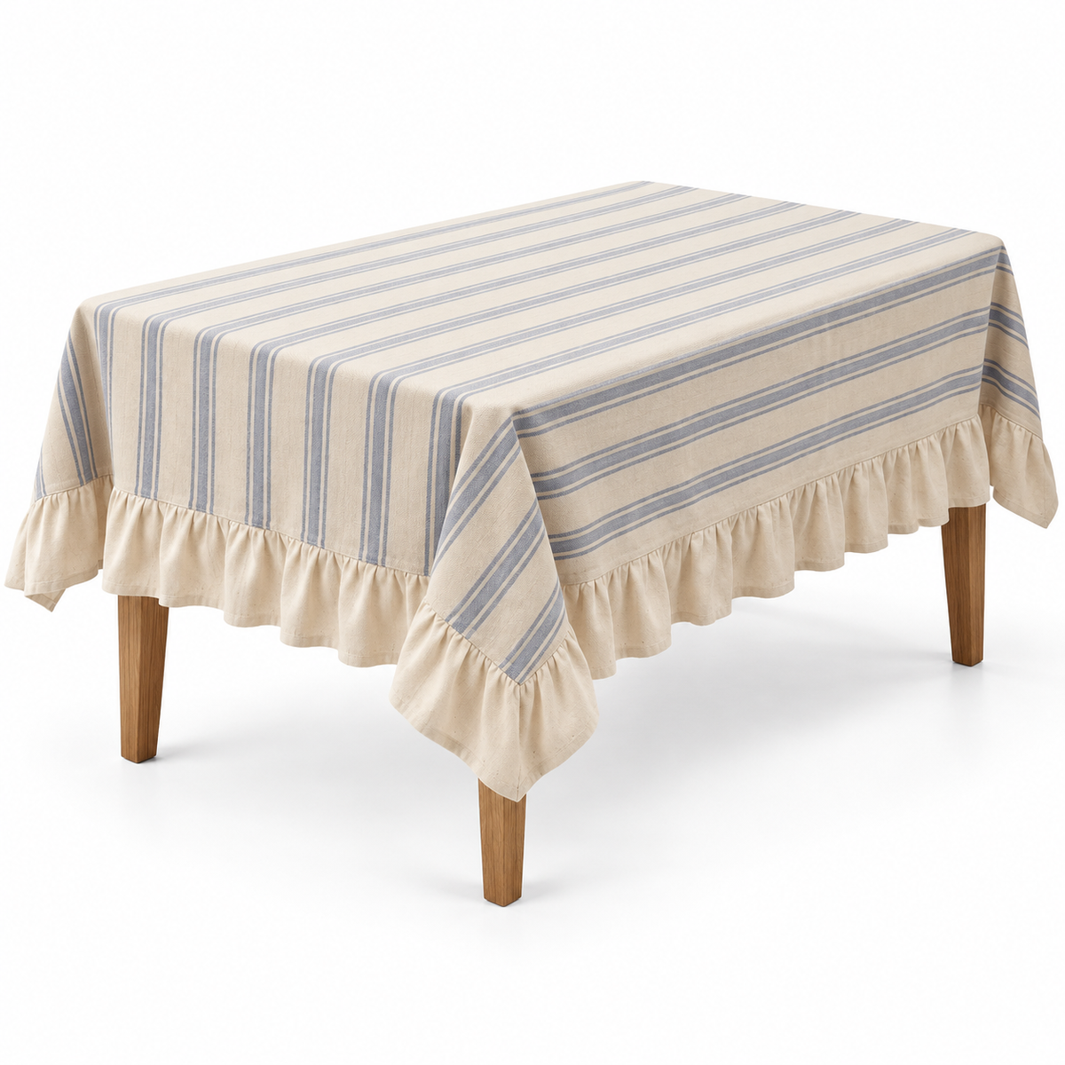 Oatmeal tablecloth with grouped blue stripes and cream ruffle