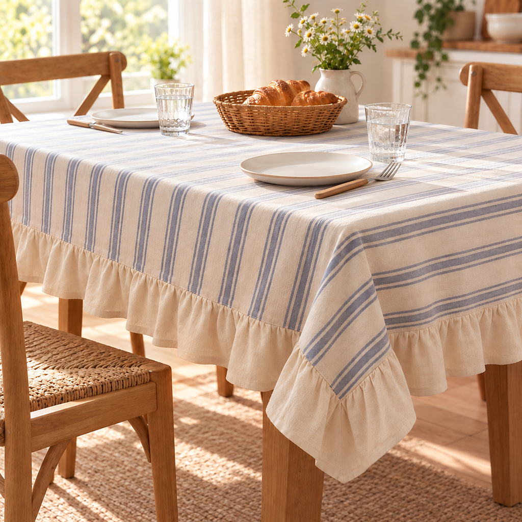Striped ruffle tablecloth in a breakfast setting
