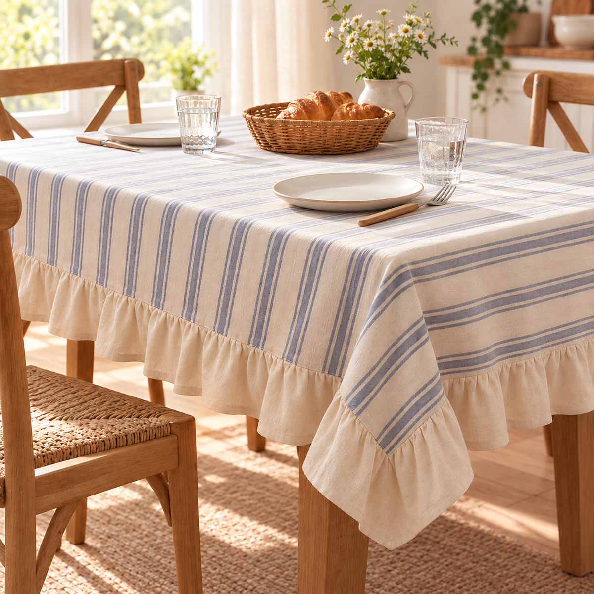 Striped ruffle tablecloth in a breakfast setting