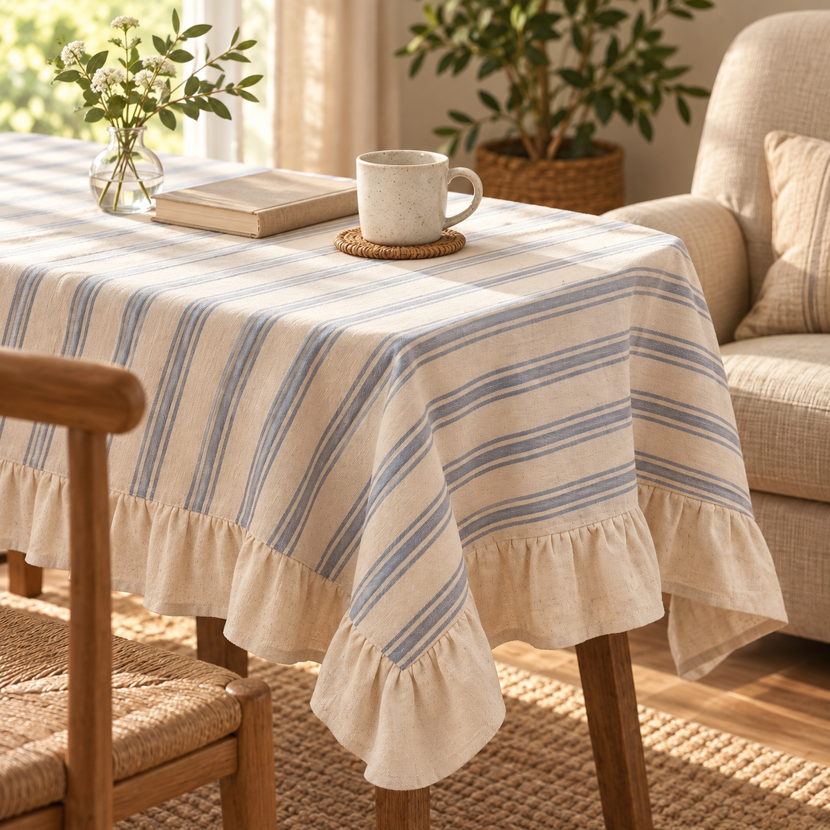 Striped ruffle tablecloth beside an armchair with tea and a book