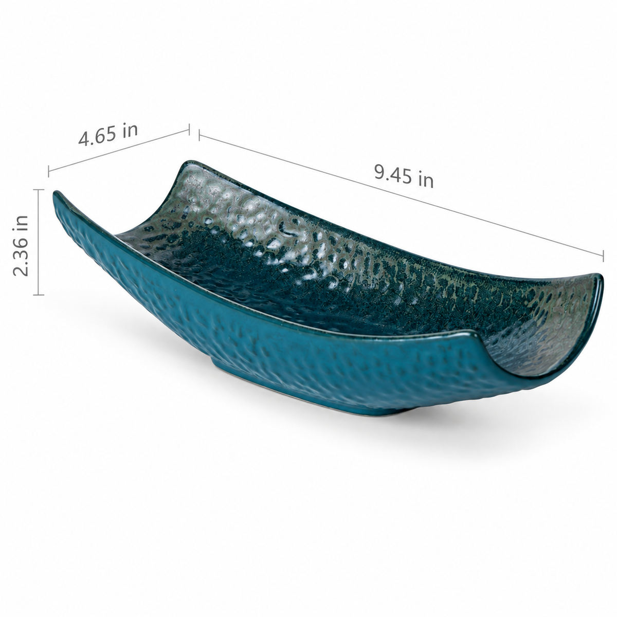 Peacock green sushi vessel: 9.45 × 4.65 × 2.36 in.