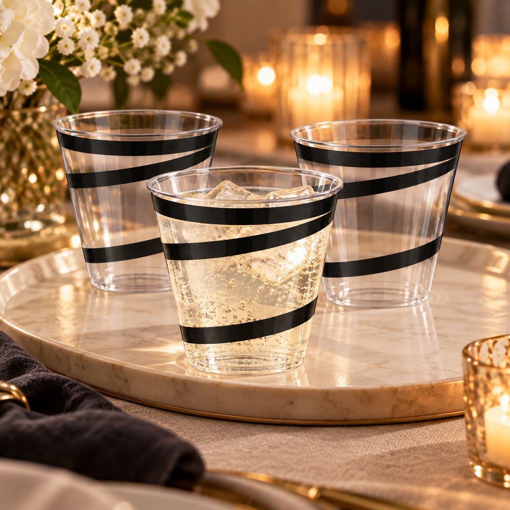 Three black-swirl plastic party cups on a serving tray in an evening setting. Partial pack arrangement; beverages and props are not included.