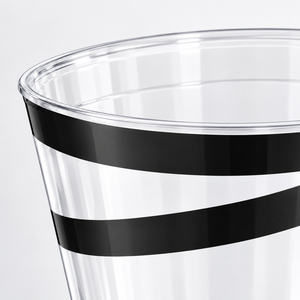 Close-up of the black-swirl plastic cup's thin rim and upper black bands.