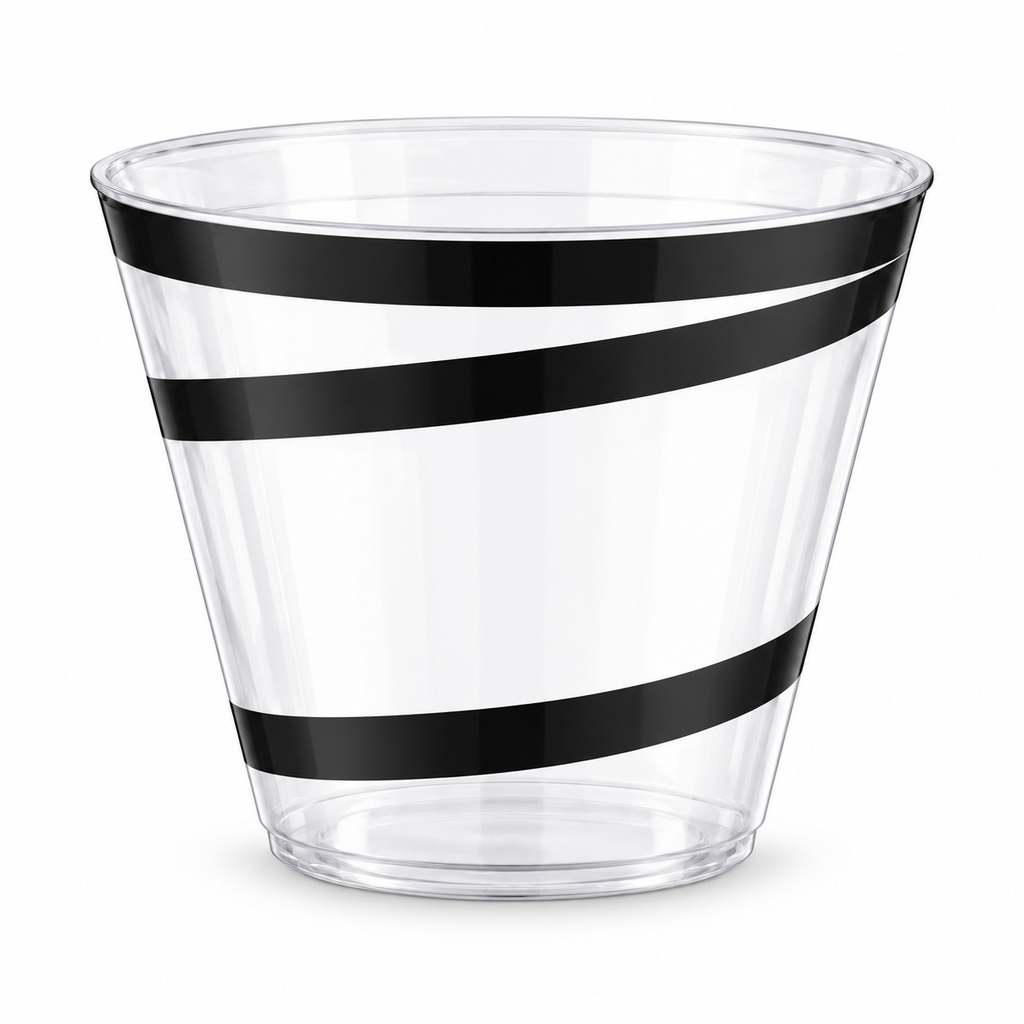 Single empty black-swirl 9 fl oz clear plastic cup on white. One cup from a 300-cup pack is shown.