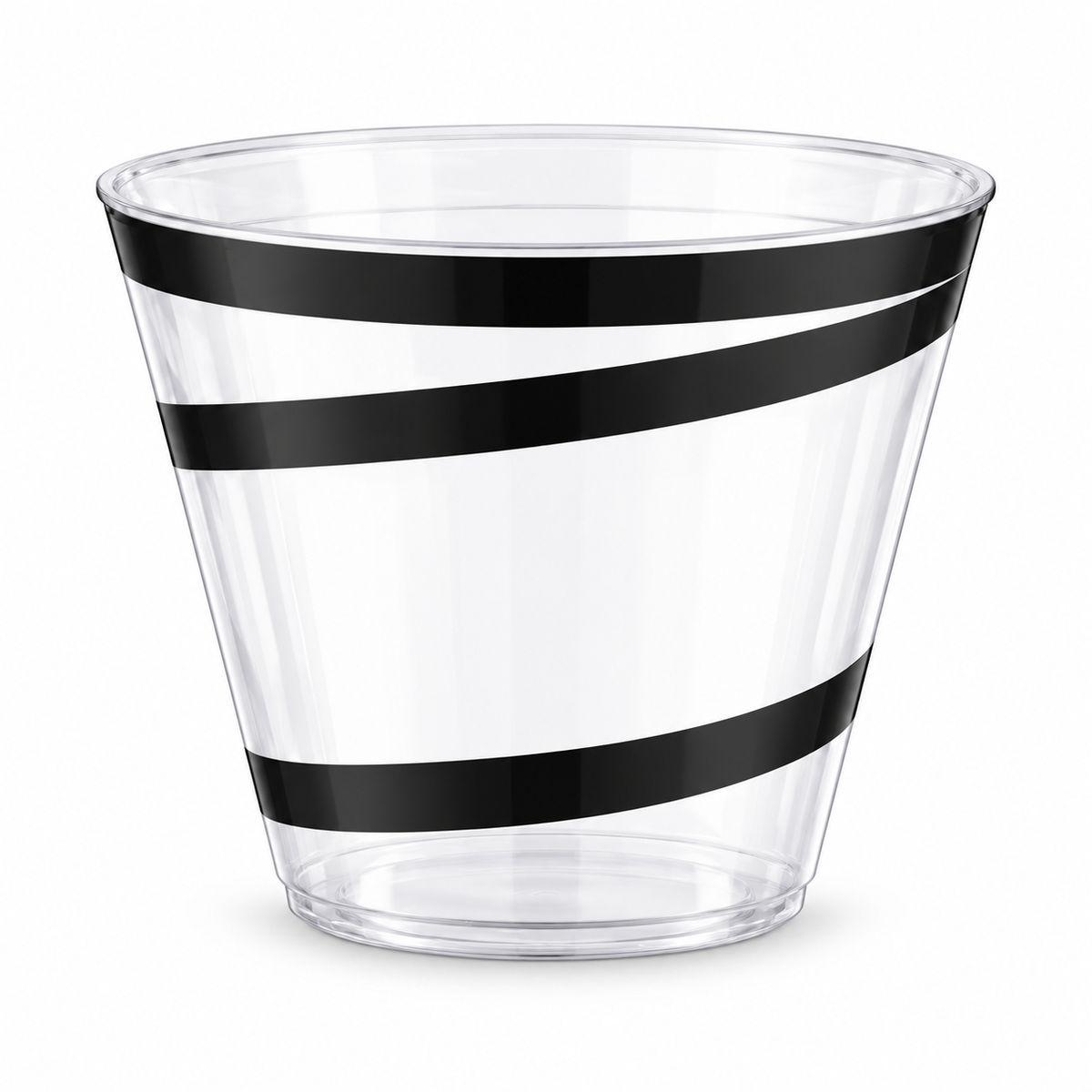 Single empty black-swirl 9 fl oz clear plastic cup on white. One cup from a 300-cup pack is shown.