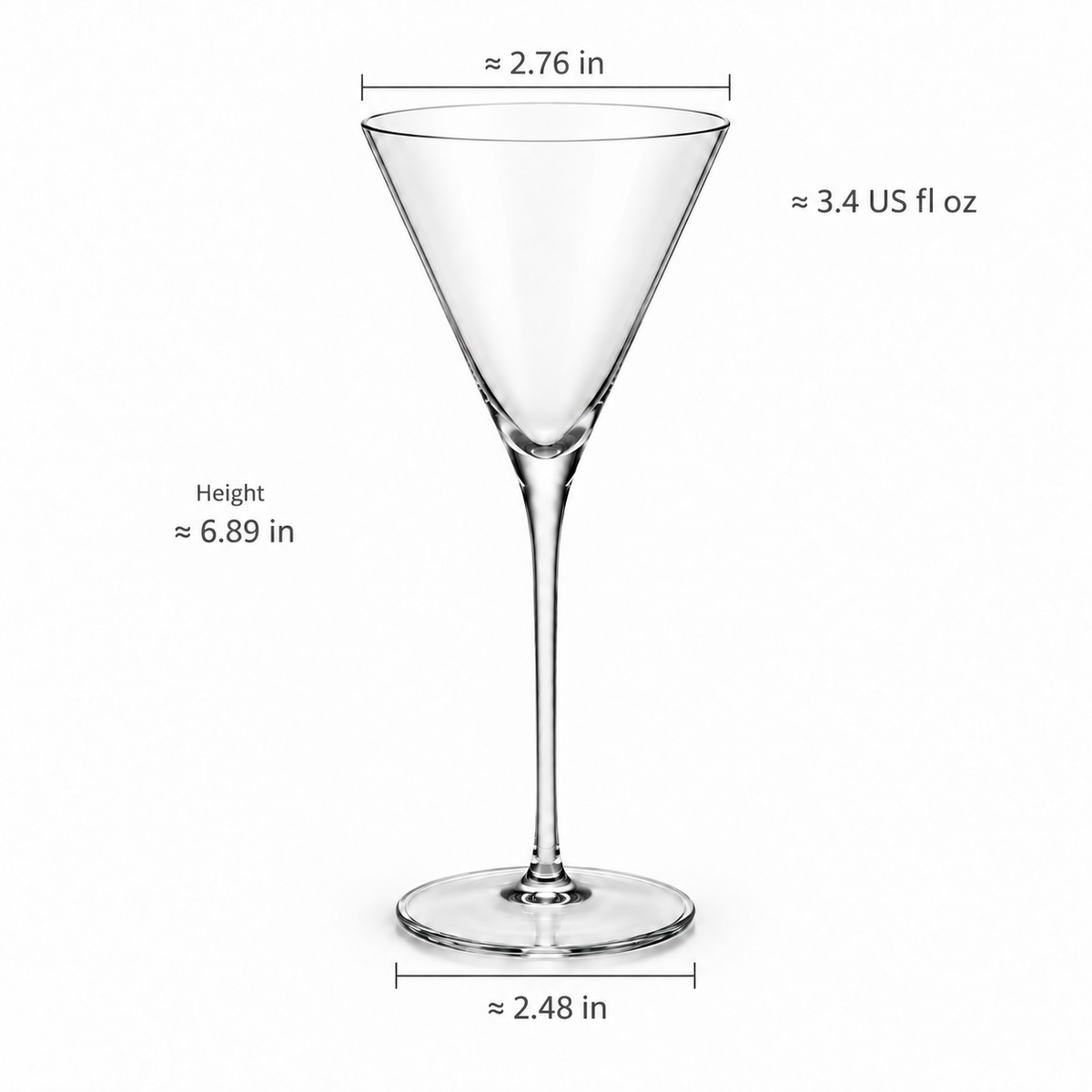 tall crystal glass with approximate inch dimensions and US fl oz capacity on white