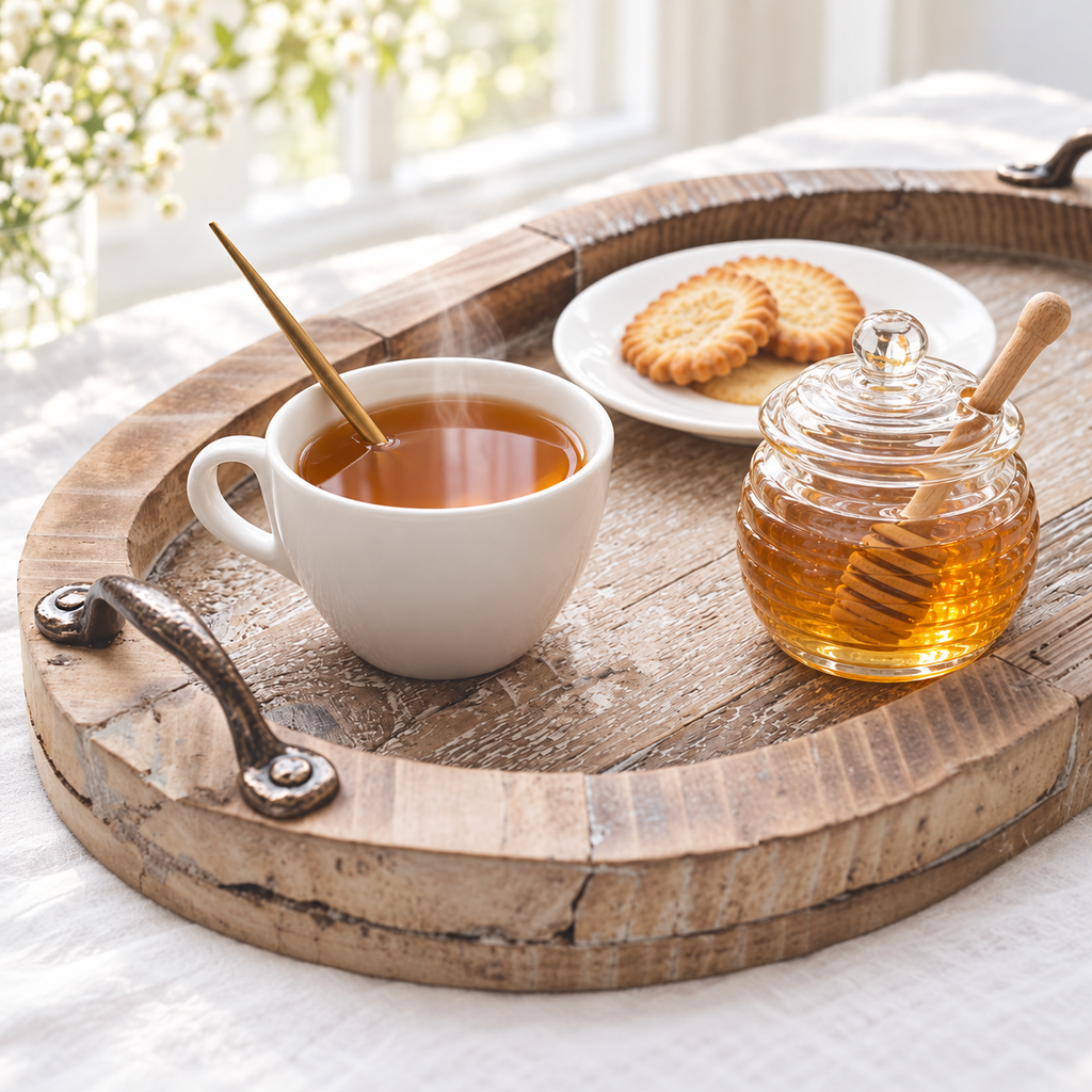 Rustic oval wooden serving tray, tea view; styling accessories not included