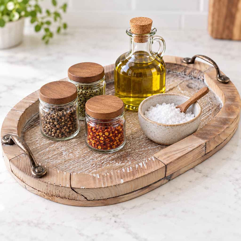 Rustic oval wooden serving tray, seasoning view; styling accessories not included