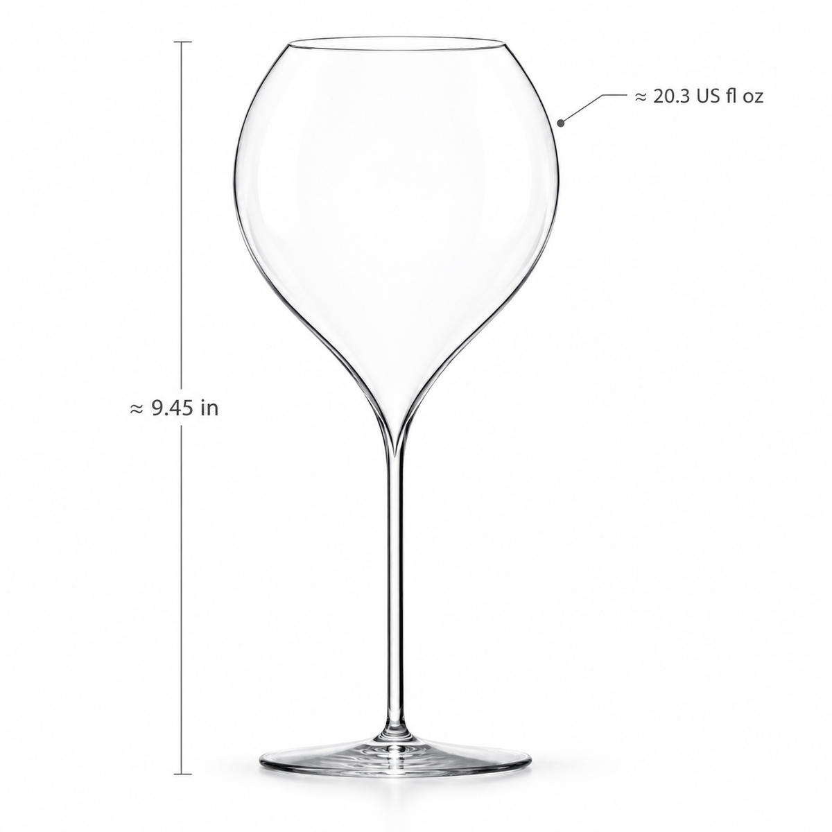 universal crystal glass with approximate inch dimensions and US fl oz capacity on white