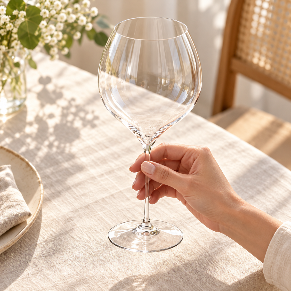 Universal crystal wine glass held by the stem in natural window light