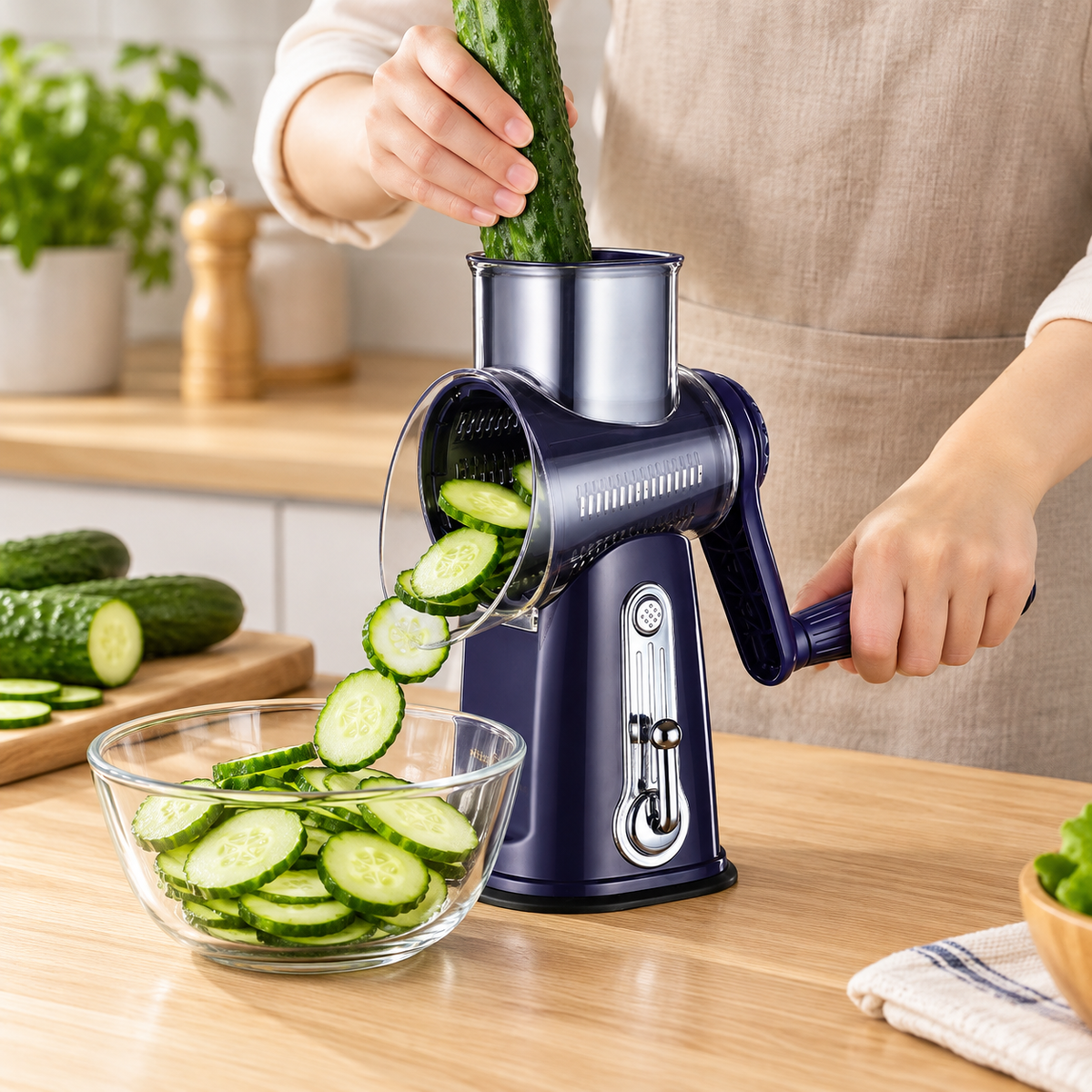 Violet rotary vegetable grater, cucumber use