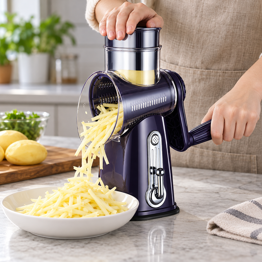 Violet rotary vegetable grater, potato use