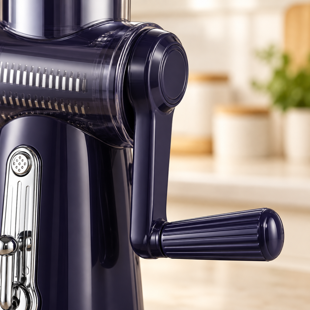 Violet rotary vegetable grater, crank detail