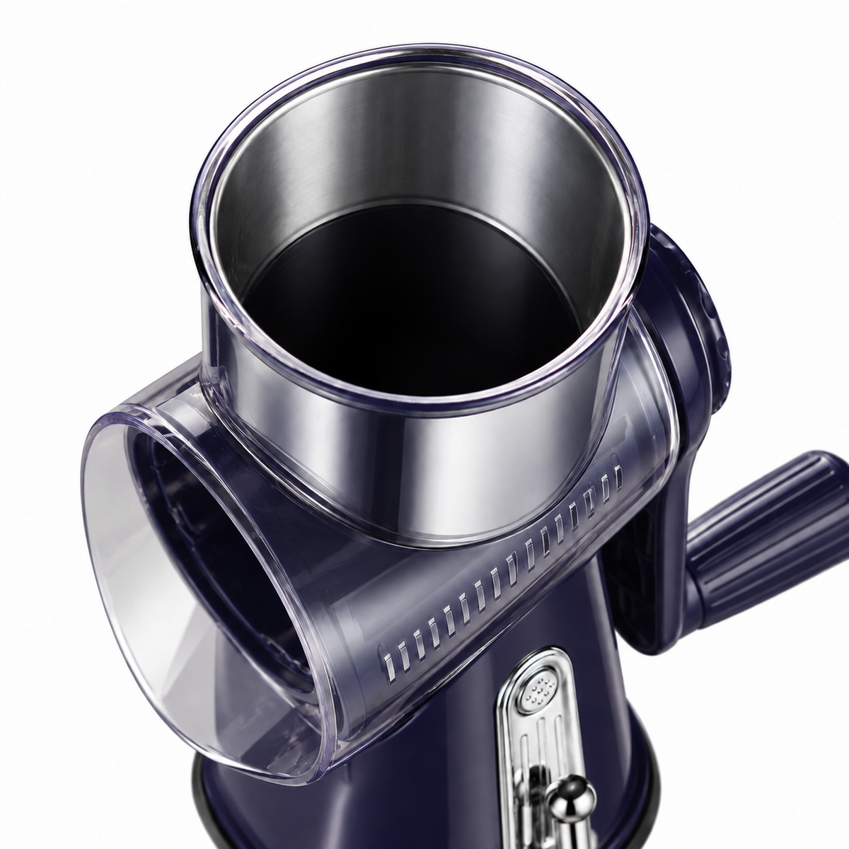 Violet rotary vegetable grater, high-angle feed hopper detail