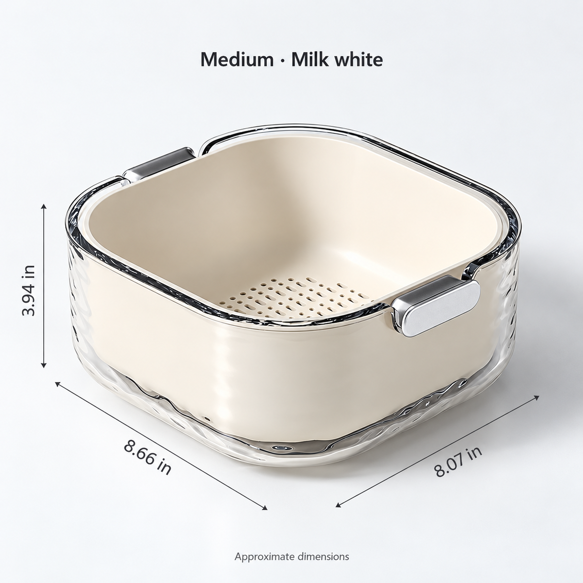 Medium milk white double-layer washing basket: approximately 8.66 x 8.07 x 3.94 in