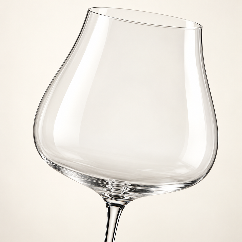 Close view of the Bordeaux glass rim, bowl and stem junction