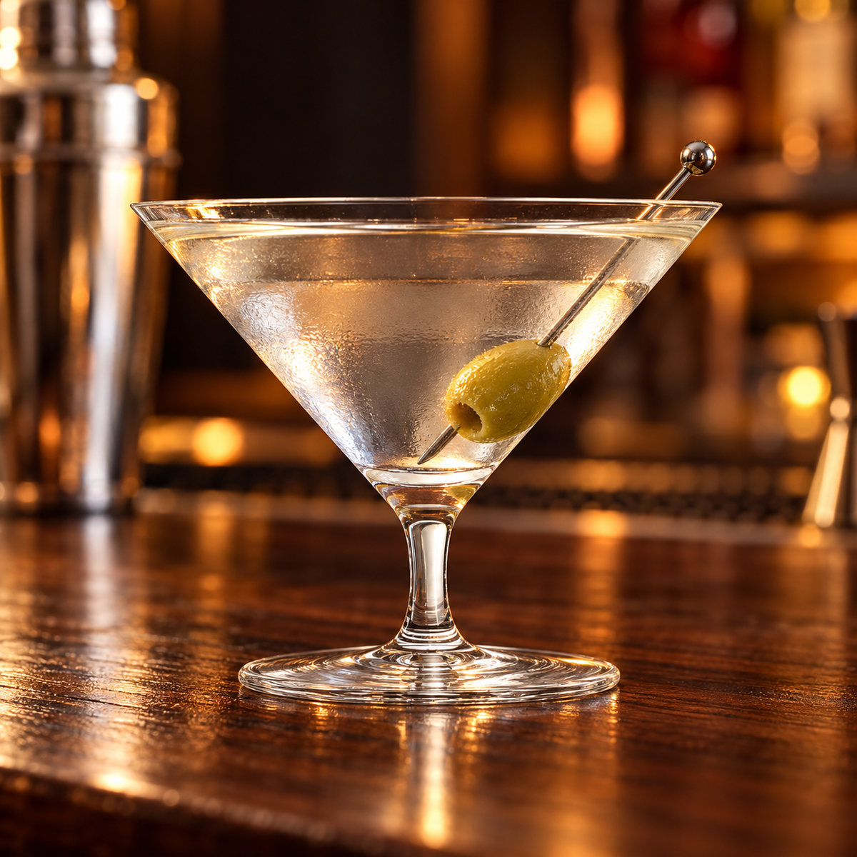 150 ml short-stem martini glass with an olive cocktail