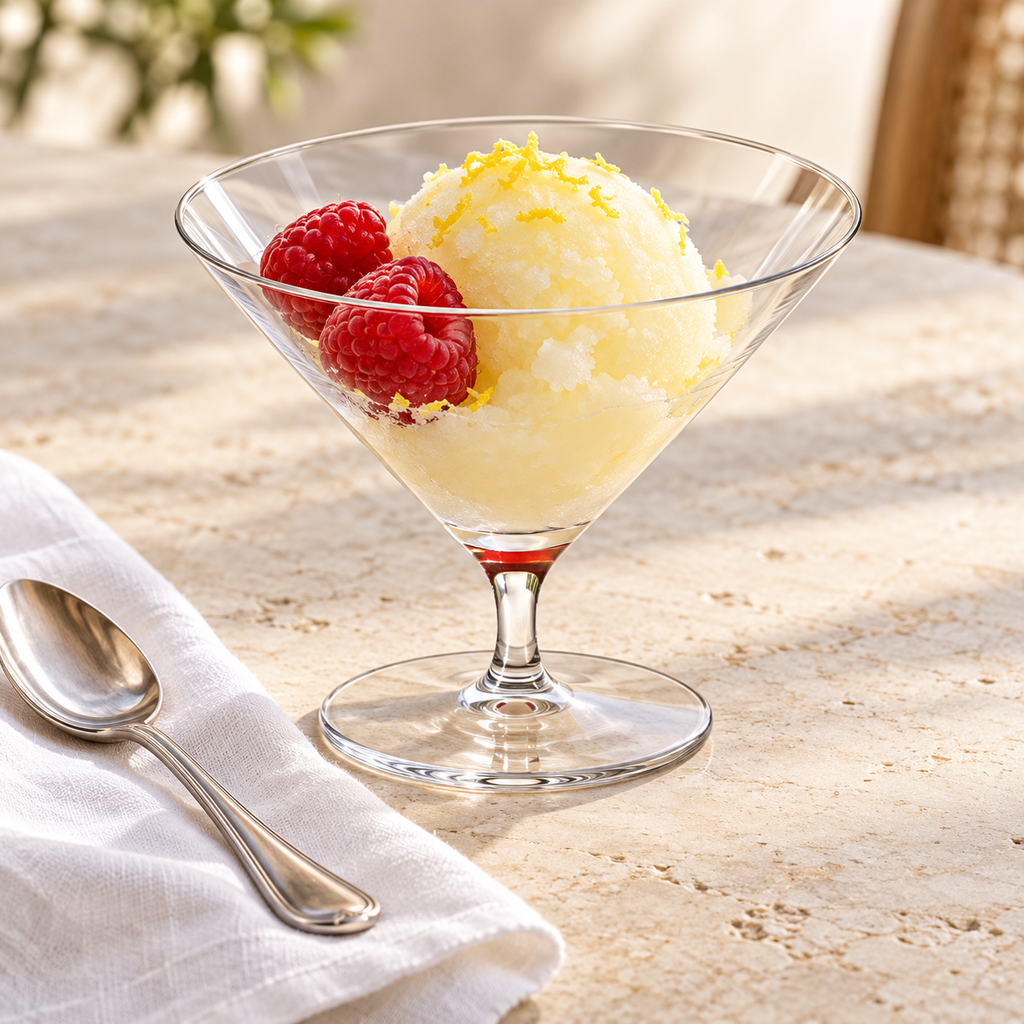 150 ml short-stem martini glass serving lemon sorbet and raspberries