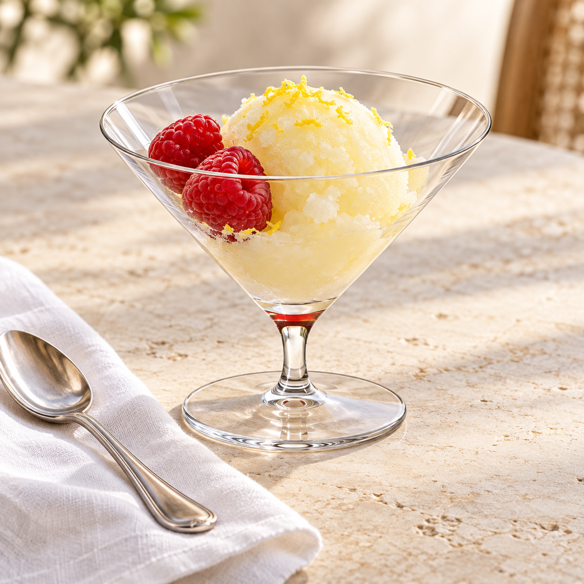 150 ml short-stem martini glass serving lemon sorbet and raspberries