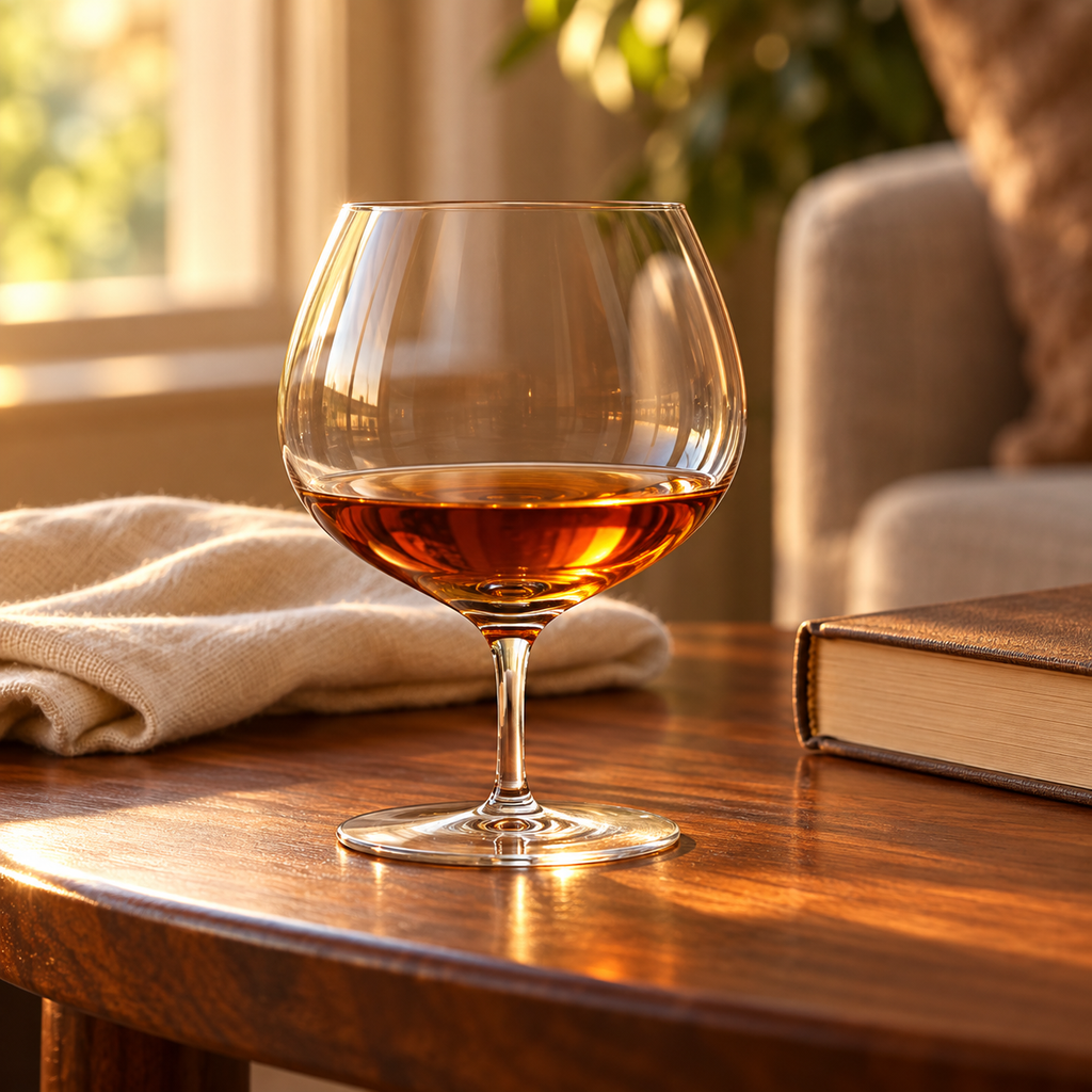 420 ml brandy glass with an amber pour on a side table