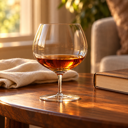 420 ml brandy glass with an amber pour on a side table