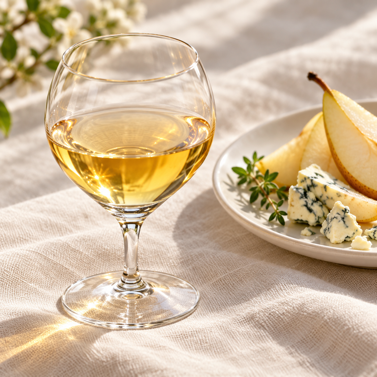 200 ml sweet-wine glass with dessert wine beside pear and cheese