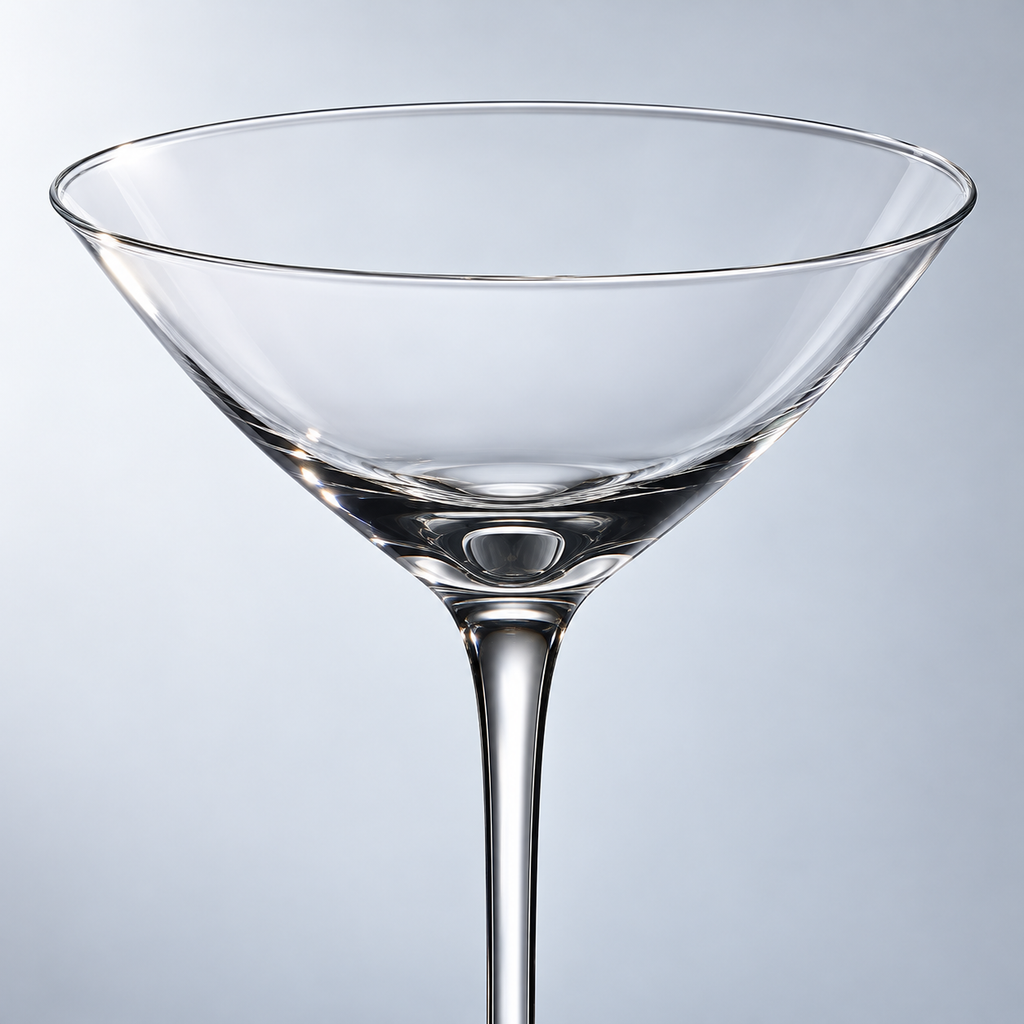 Close view of the shallow crystal martini bowl and slender stem