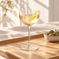 Classic rounded crystal cocktail glass with a pale aperitif