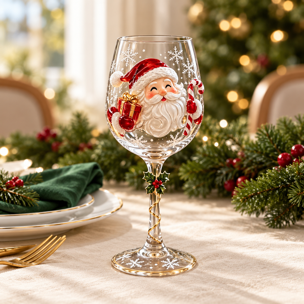 Santa design from the six-piece Christmas glass set at a dinner place setting