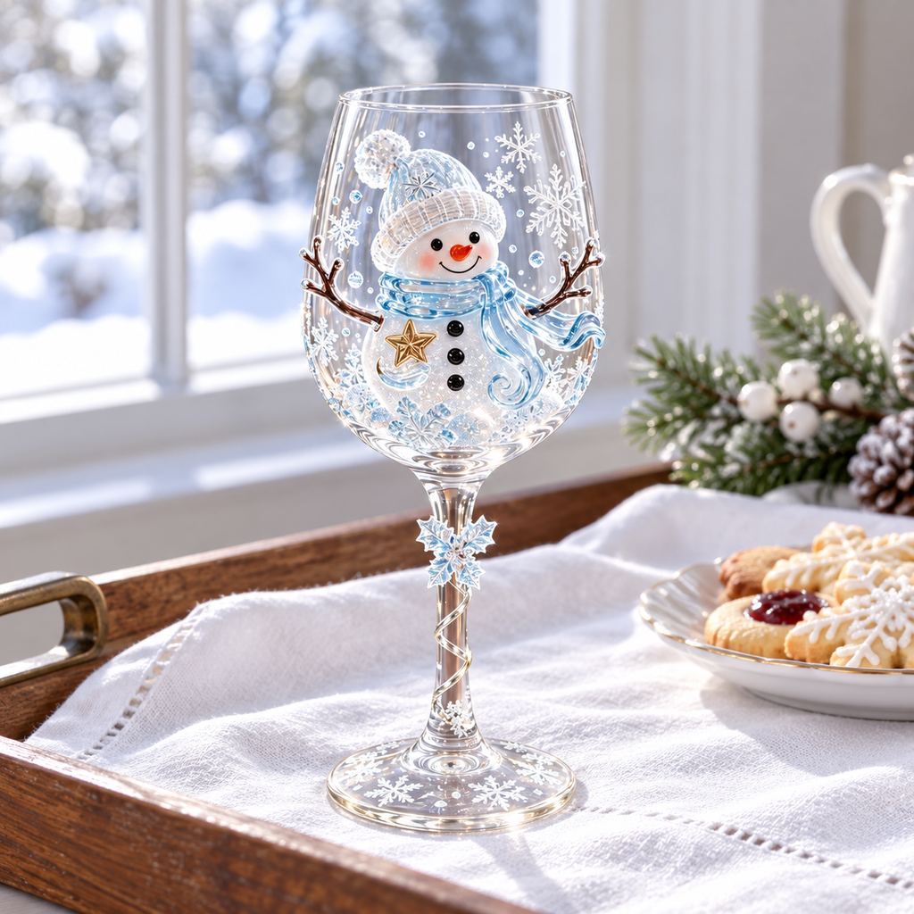 Snowman design from the six-piece Christmas glass set on a winter brunch tray