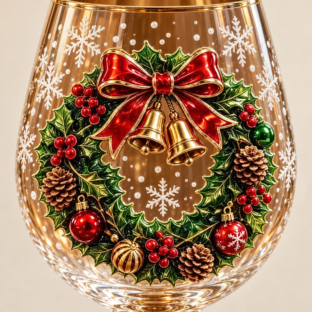 Exterior wreath, bells and snowflake decoration on one glass from the six-piece Christmas set