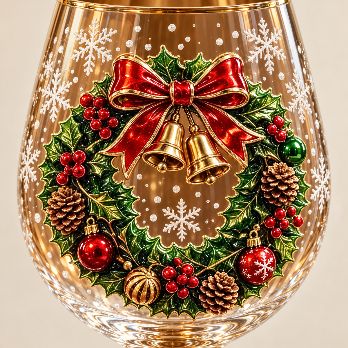 Exterior wreath, bells and snowflake decoration on one glass from the six-piece Christmas set