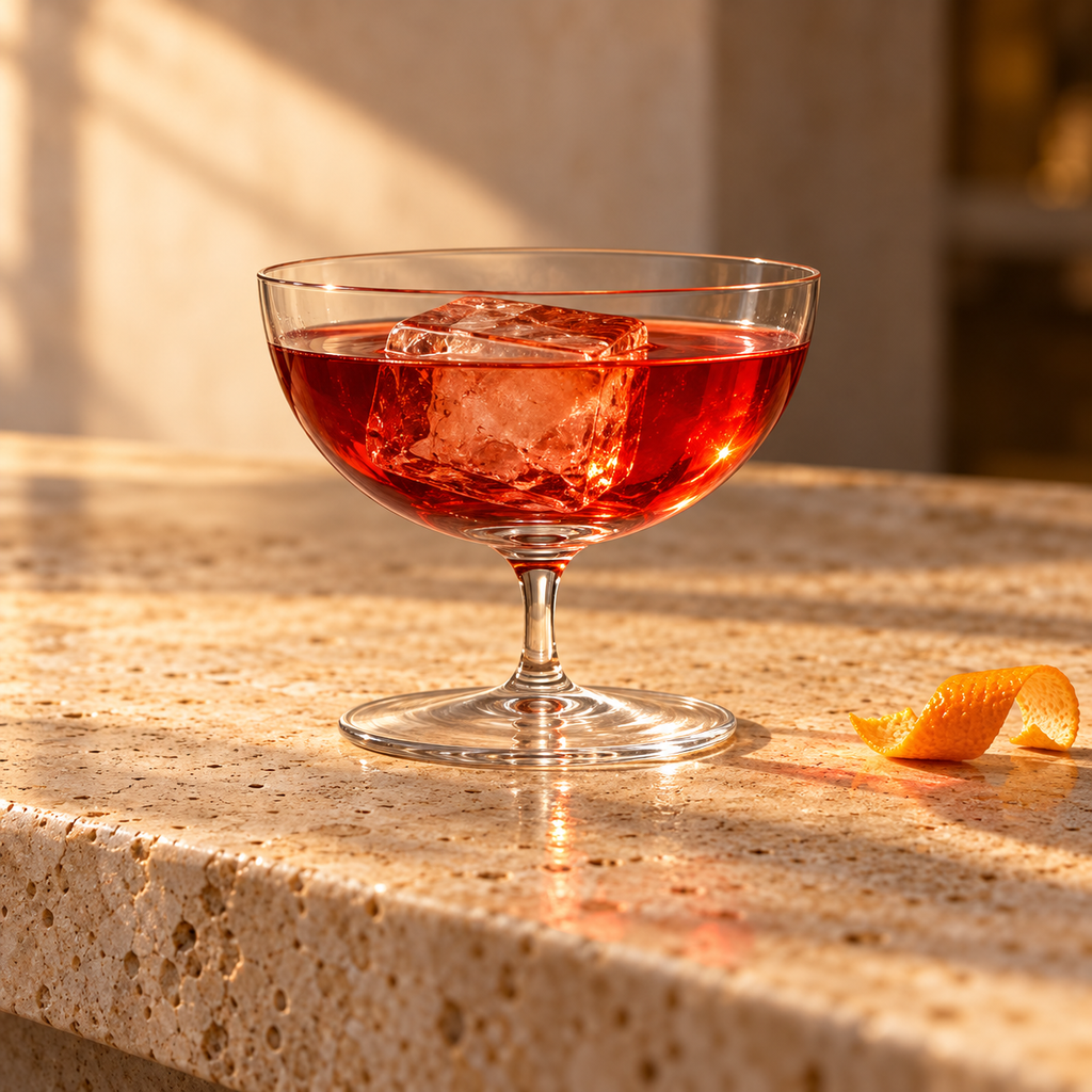 Short-stem crystal coupe with a red cocktail and clear ice cube